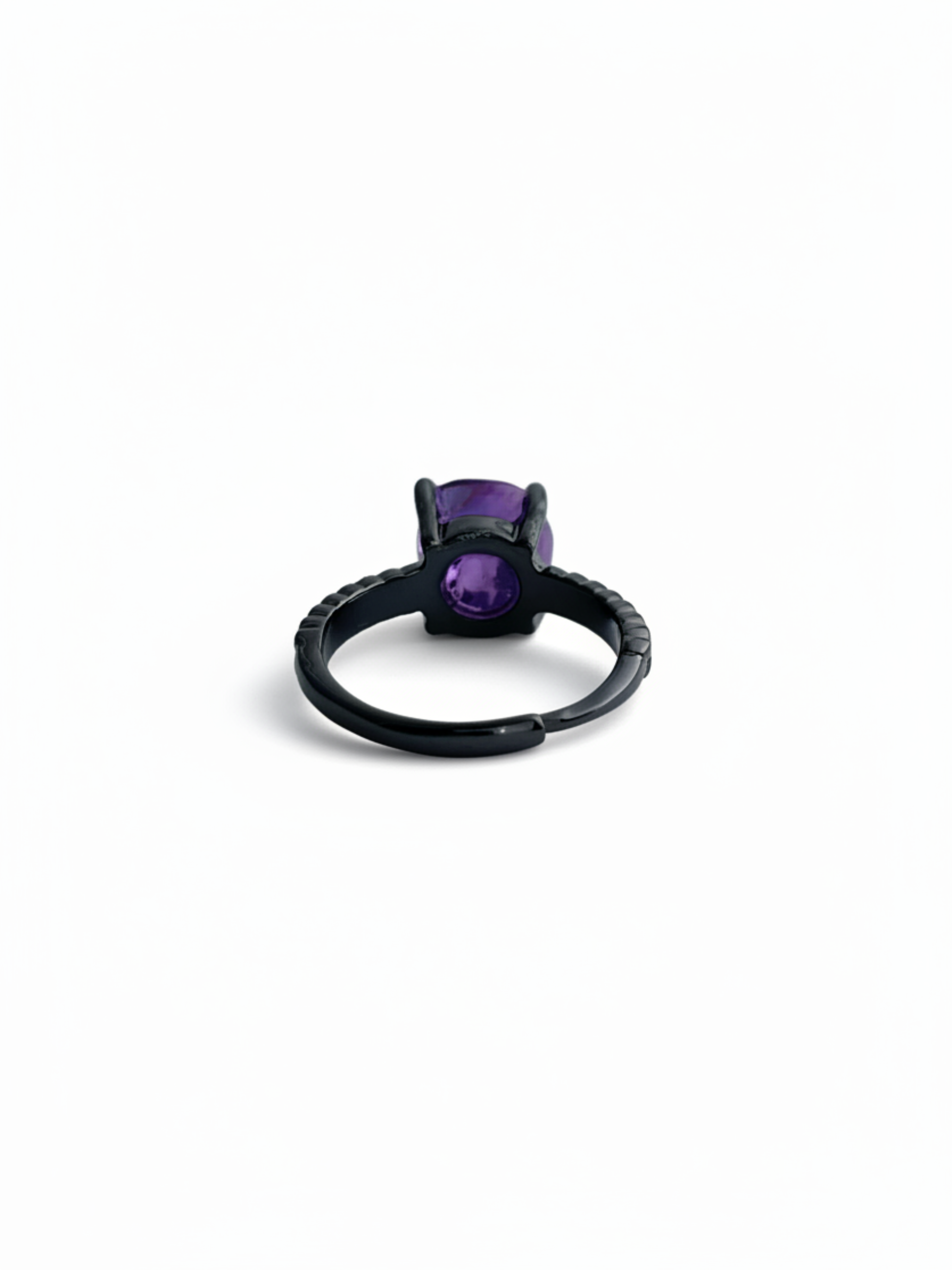 Back view of adjustable amethyst ring with black rhodium plating