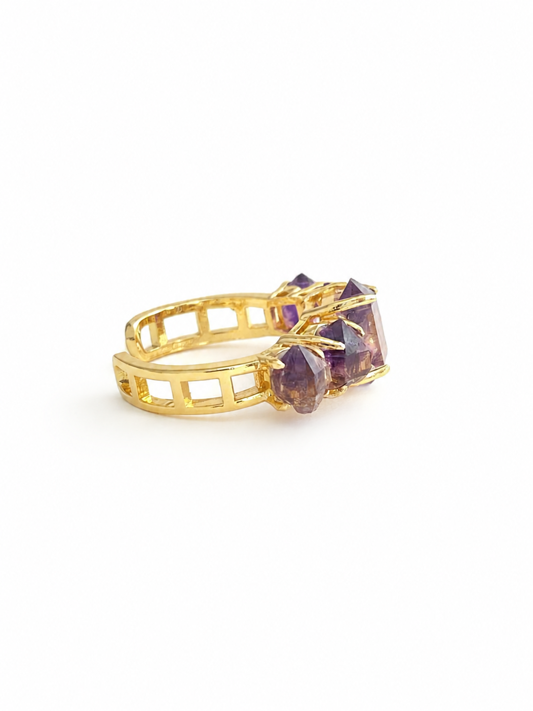 Side view of raw Amethyst Super Seven crystal band ring