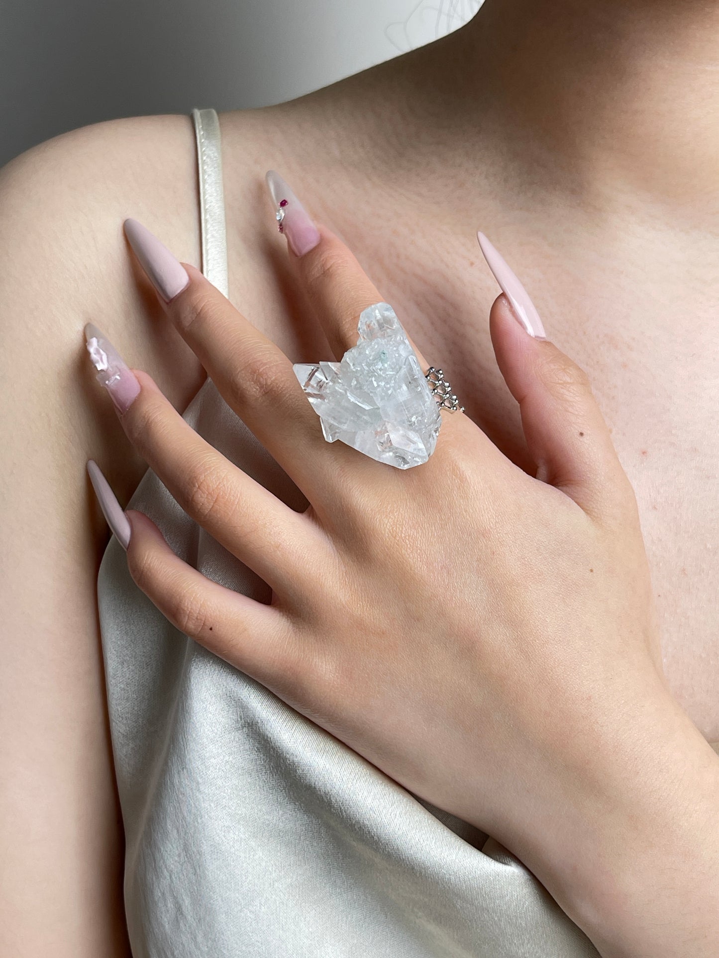 Apophyllite Crystal Cluster Ring worn on hand