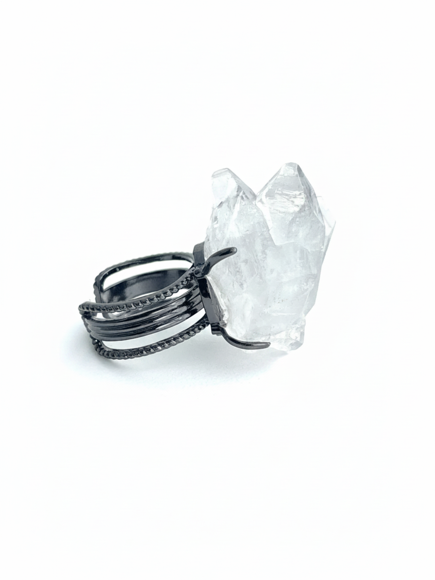 Side view of Apophyllite crystal cluster ring with natural crystal structure