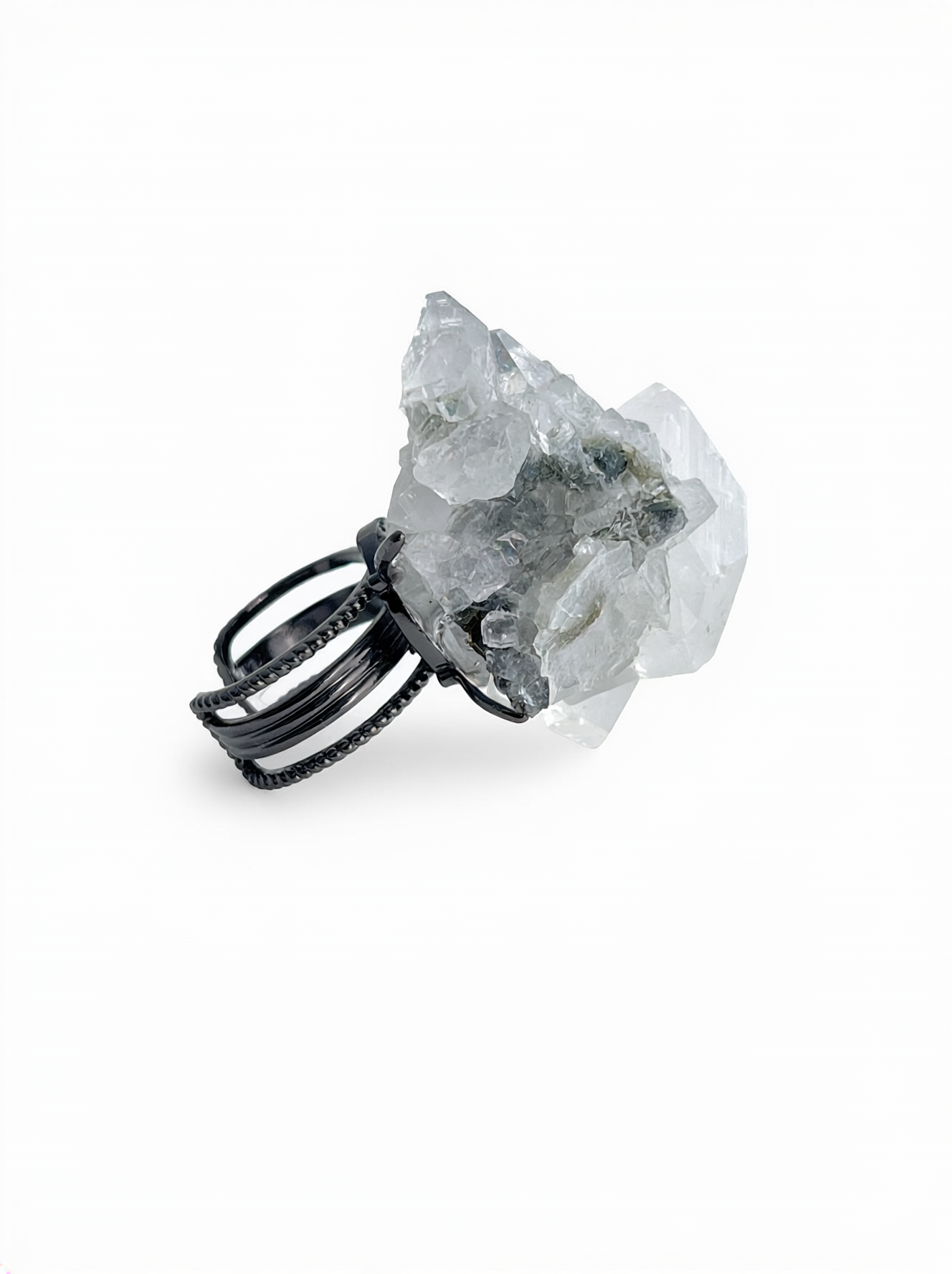 Side view of Apophyllite Crystal Cluster Ring with raw crystal formation