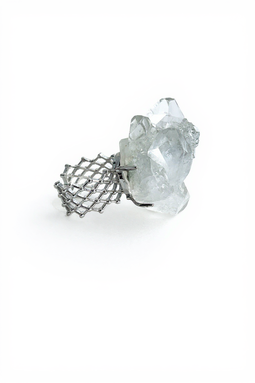 Side view of Apophyllite crystal cluster ring with reflective crystal faces