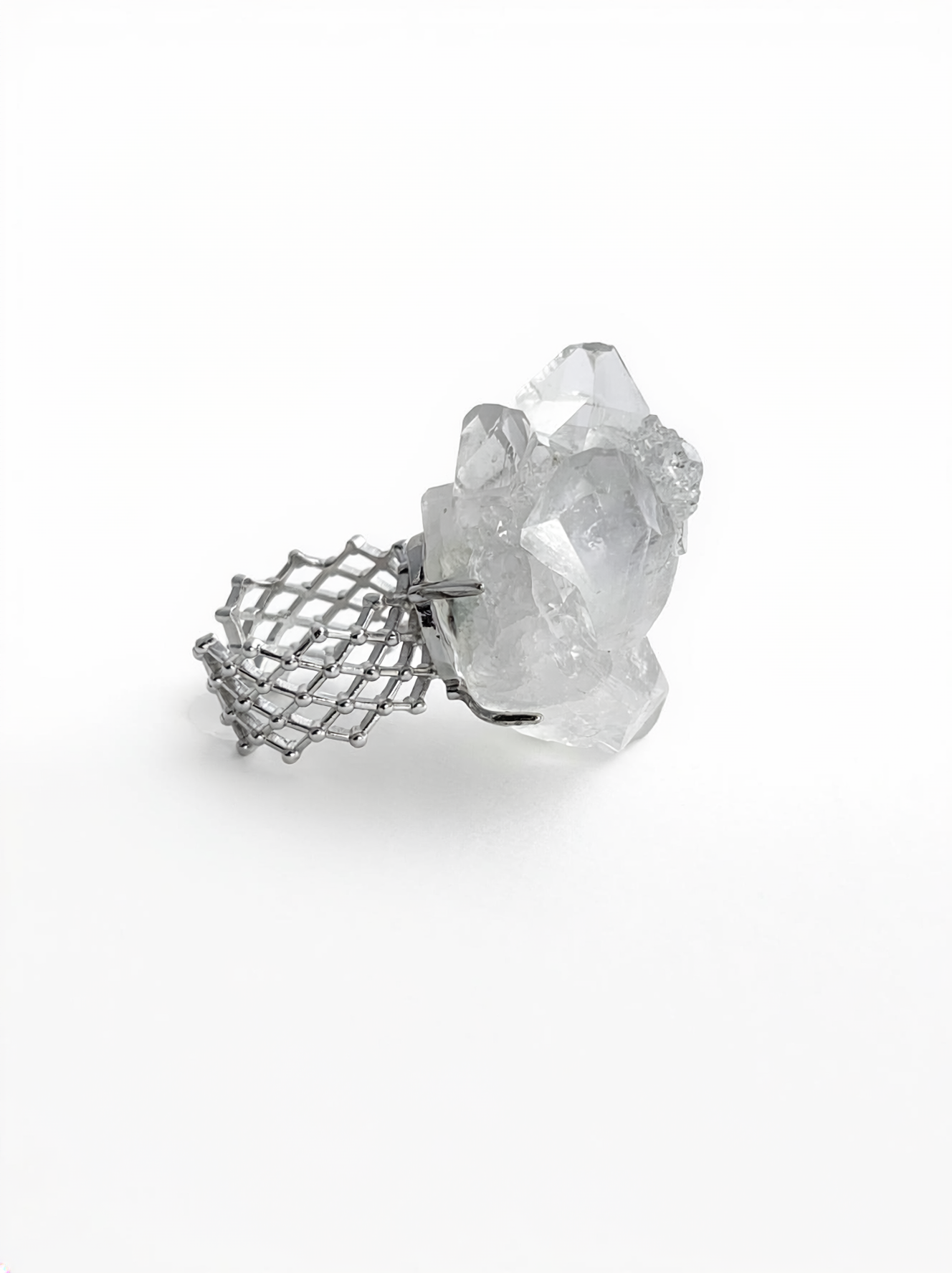 Side view of Apophyllite crystal cluster ring with reflective crystal faces