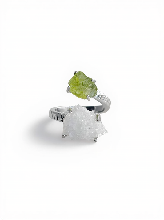 Apophyllite and Peridot Twin Stone Ring, front view