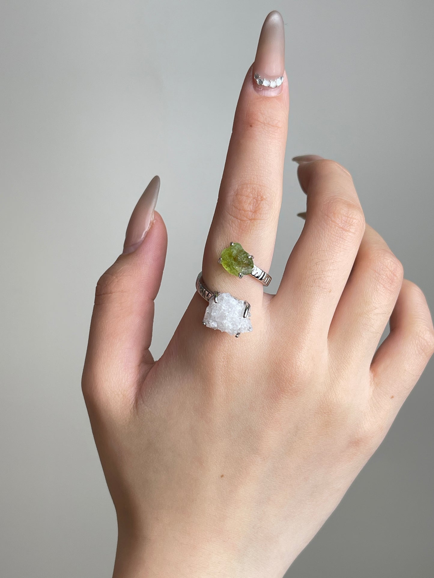 Hand view of Apophyllite and Peridot Twin Stone Ring