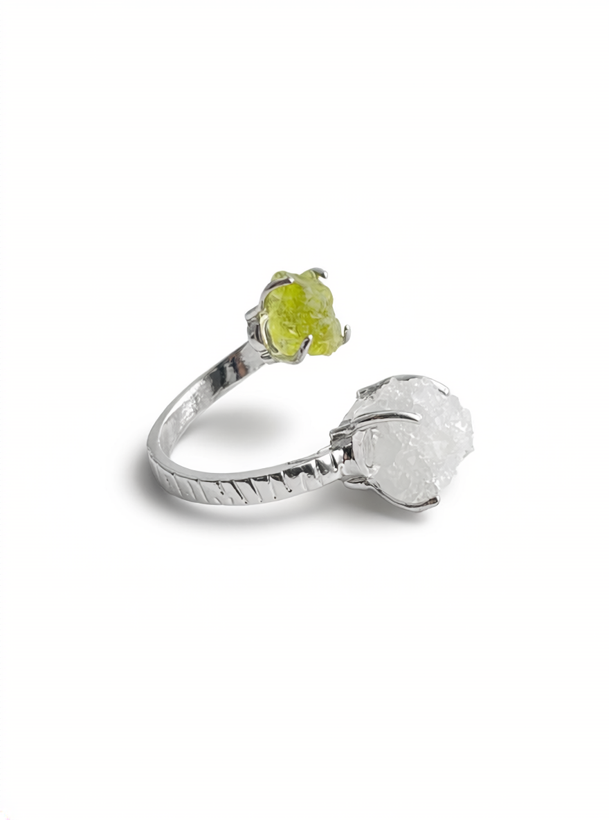 Apophyllite and Peridot Twin Stone Ring, side view
