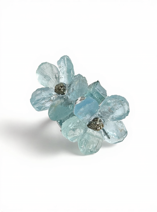 Aquamarine and chalcopyrite double bloom ring front view with hand-cut crystal flowers