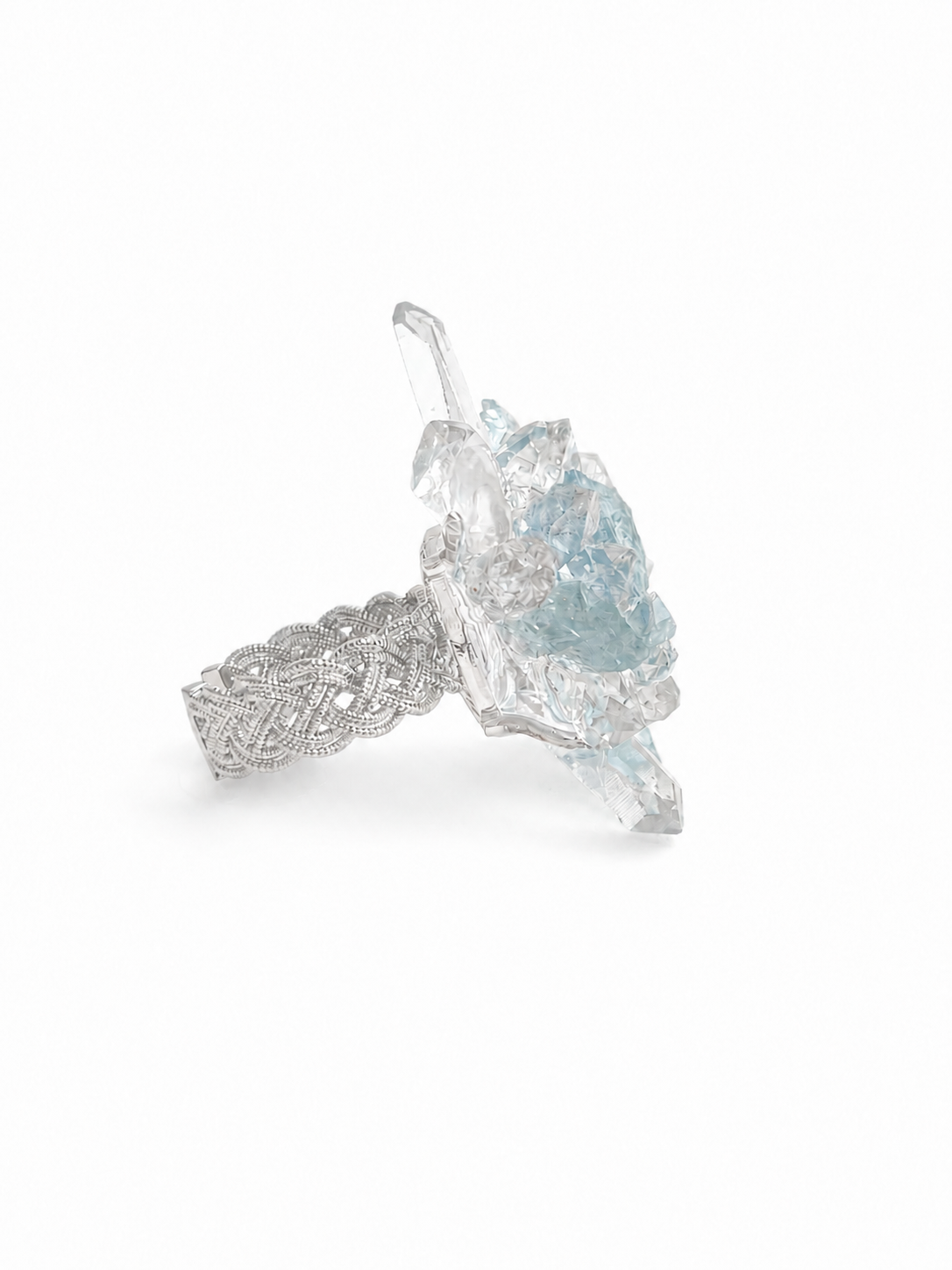 Side view of raw aquamarine Herkimer Diamond Quartz and clear quartz flower ring