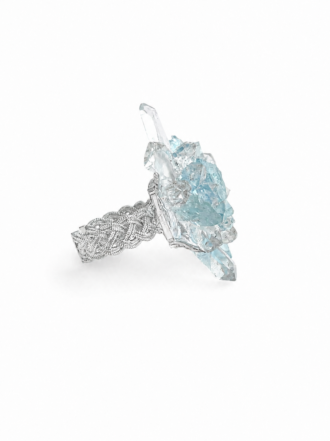 Side view of raw aquamarine Herkimer Diamond Quartz and clear quartz flower ring