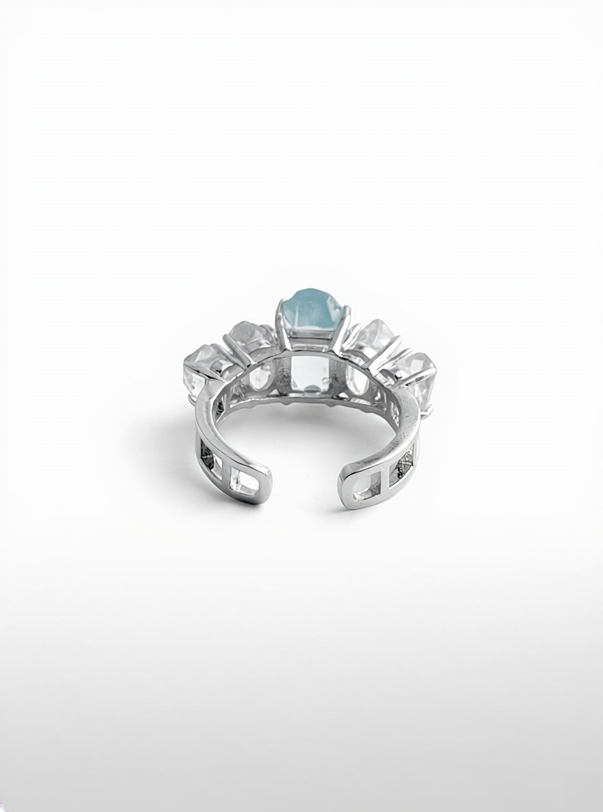 Aquamarine and Herkimer Diamond Quartz Ring back view