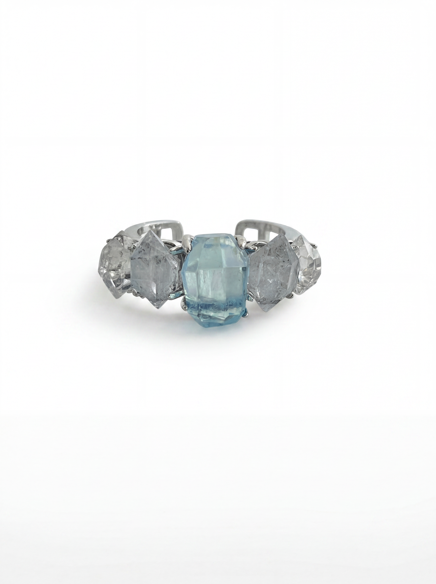 Aquamarine and Herkimer Diamond Quartz Ring front view