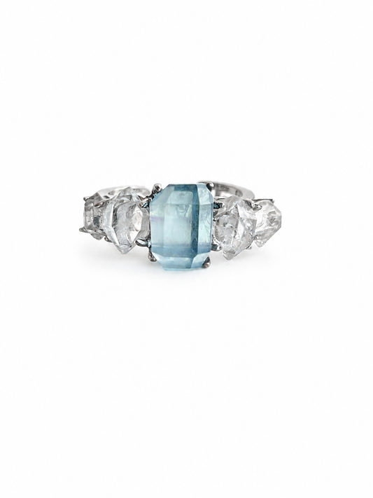 Aquamarine and Herkimer Diamond Quartz Ring front view