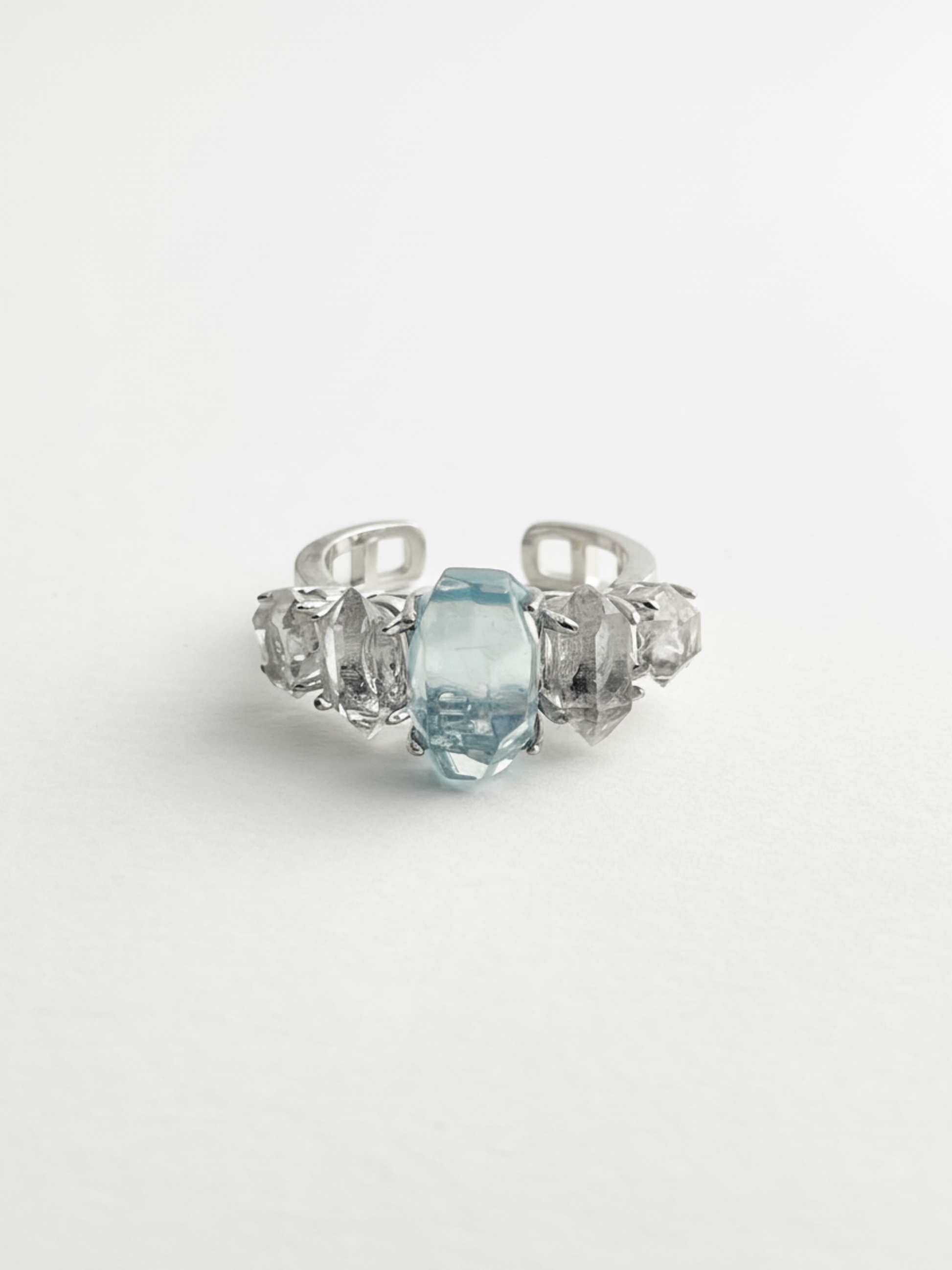 Aquamarine and Herkimer Diamond Quartz Ring front view