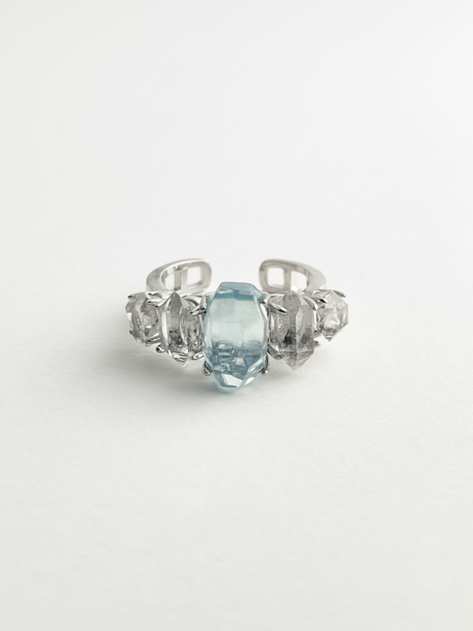 Aquamarine and Herkimer Diamond Quartz Ring front view