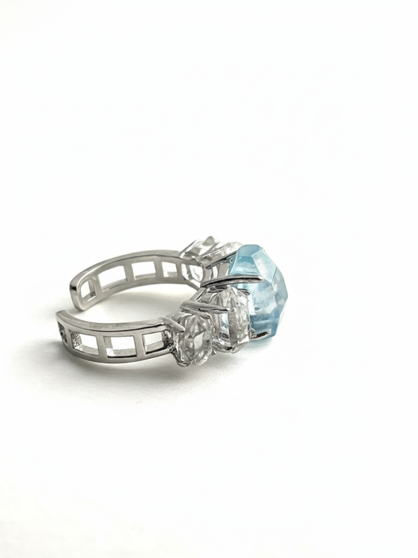 Aquamarine and Herkimer Diamond Quartz Ring side view