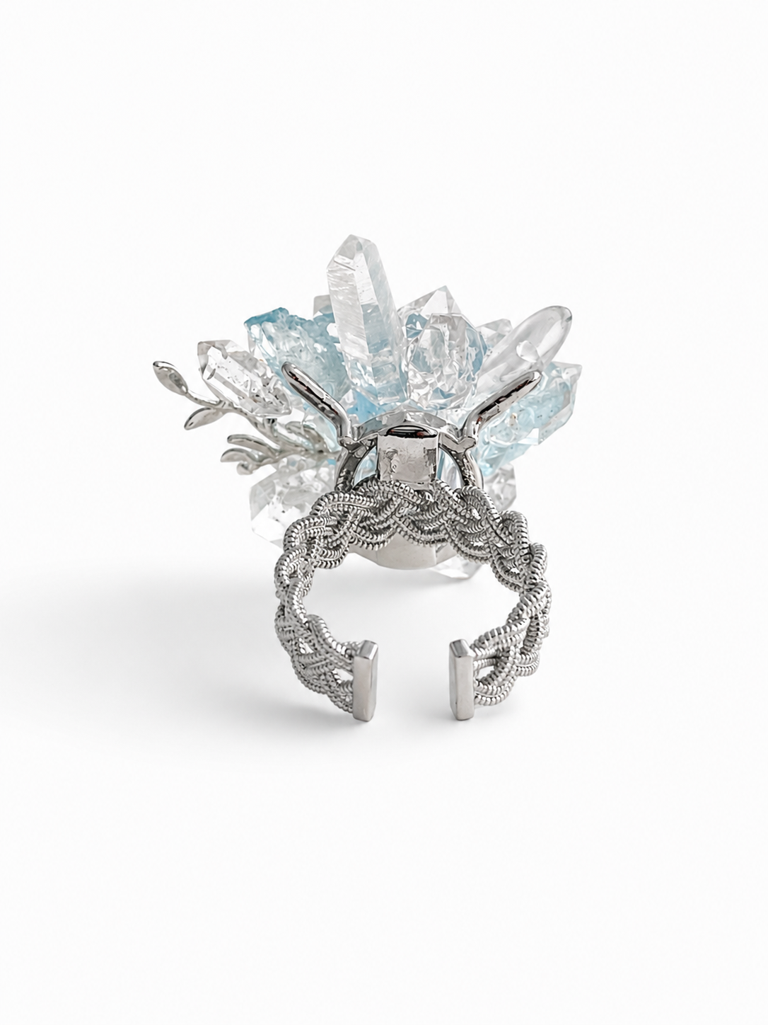 Back view of adjustable aquamarine and quartz flower ring