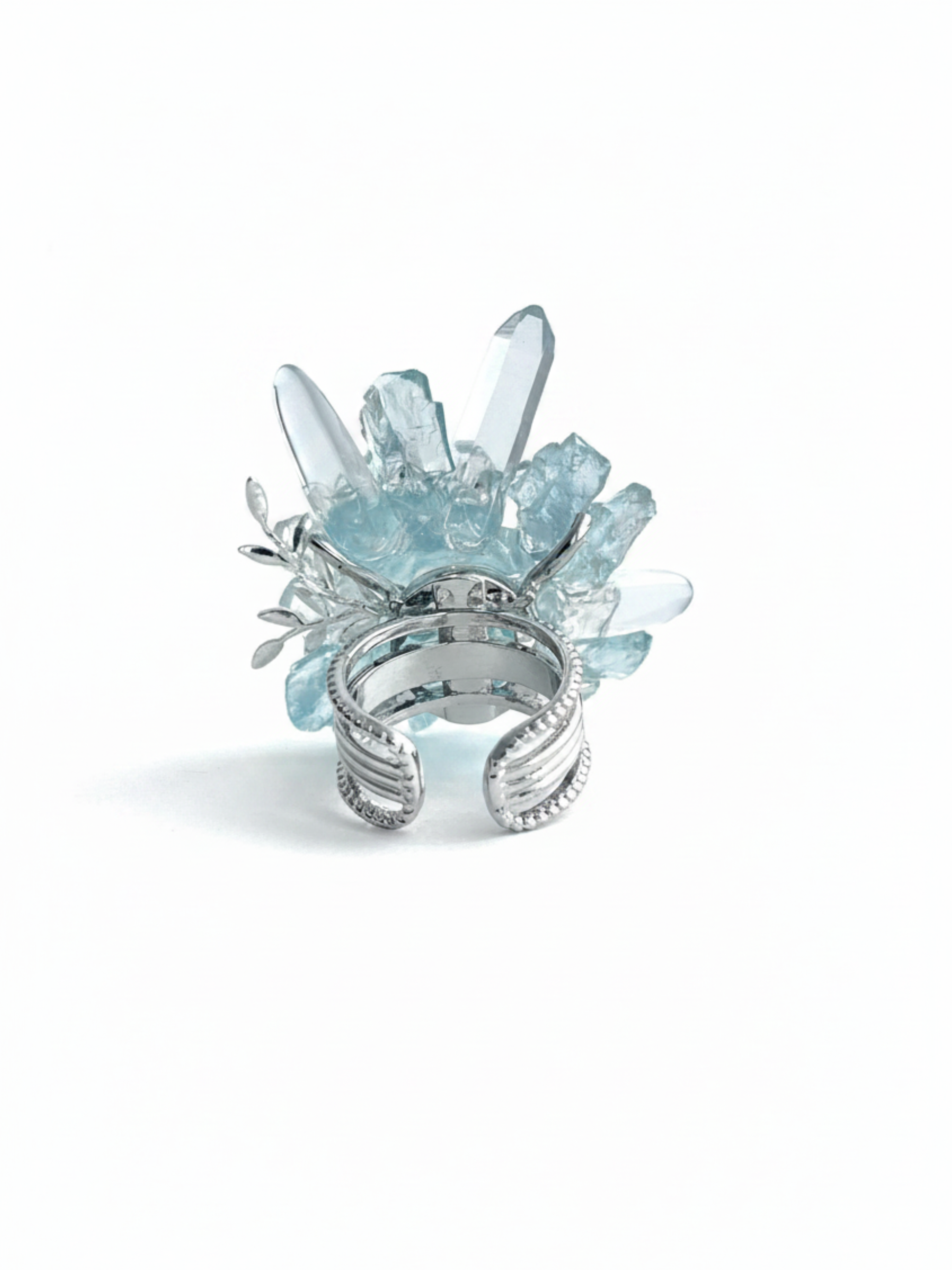 Back view of adjustable aquamarine and quartz flower ring
