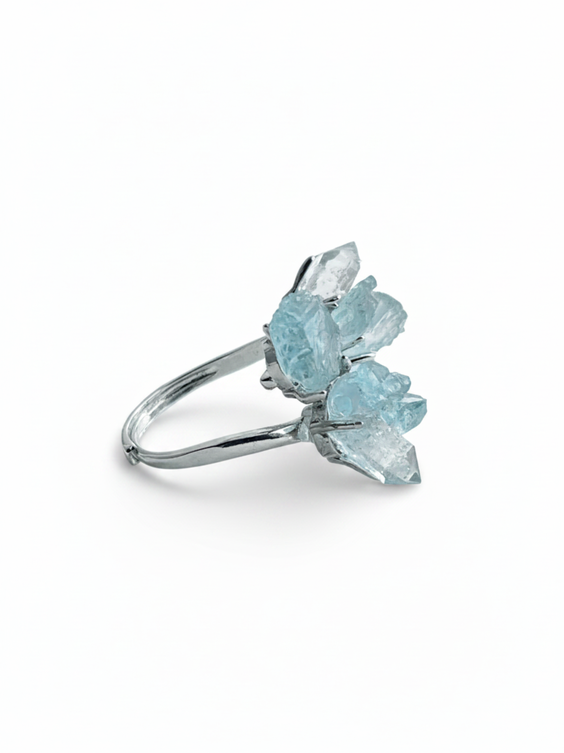 Side view of raw Aquamarine and Herkimer Diamond Quartz flower ring with palladium plated band