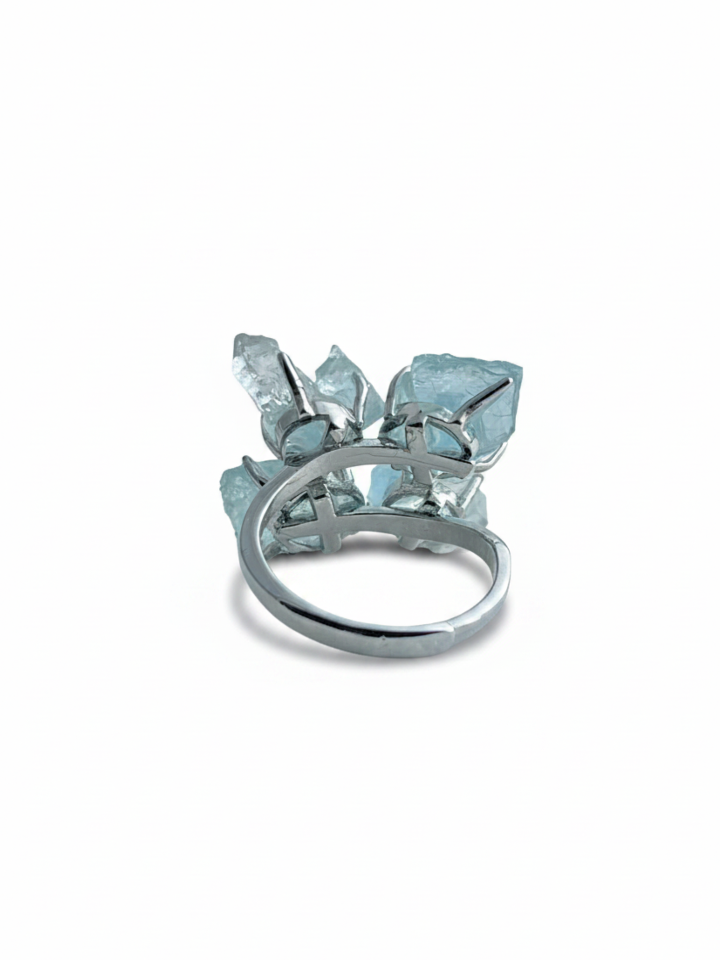 Back view of raw Aquamarine and Herkimer Diamond Quartz ring with adjustable open band