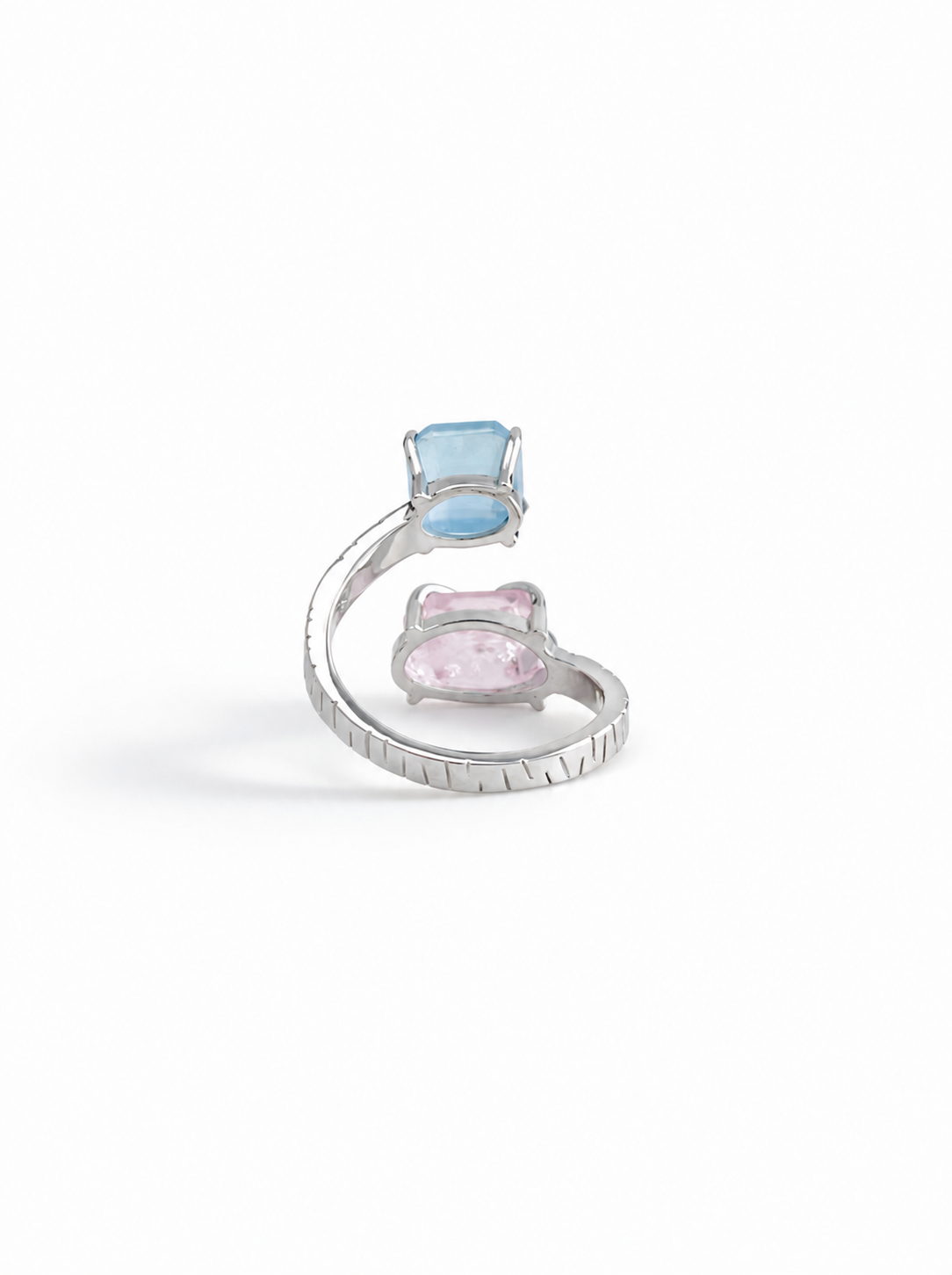 Back view of adjustable Aquamarine and Morganite Twin Stone ring