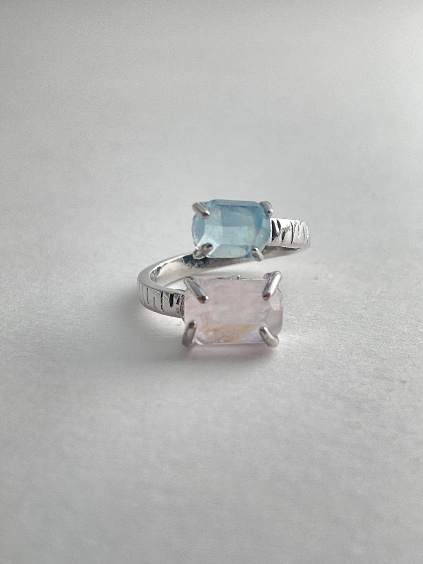 Aquamarine and Morganite twin stone ring front view in silver tone finish
