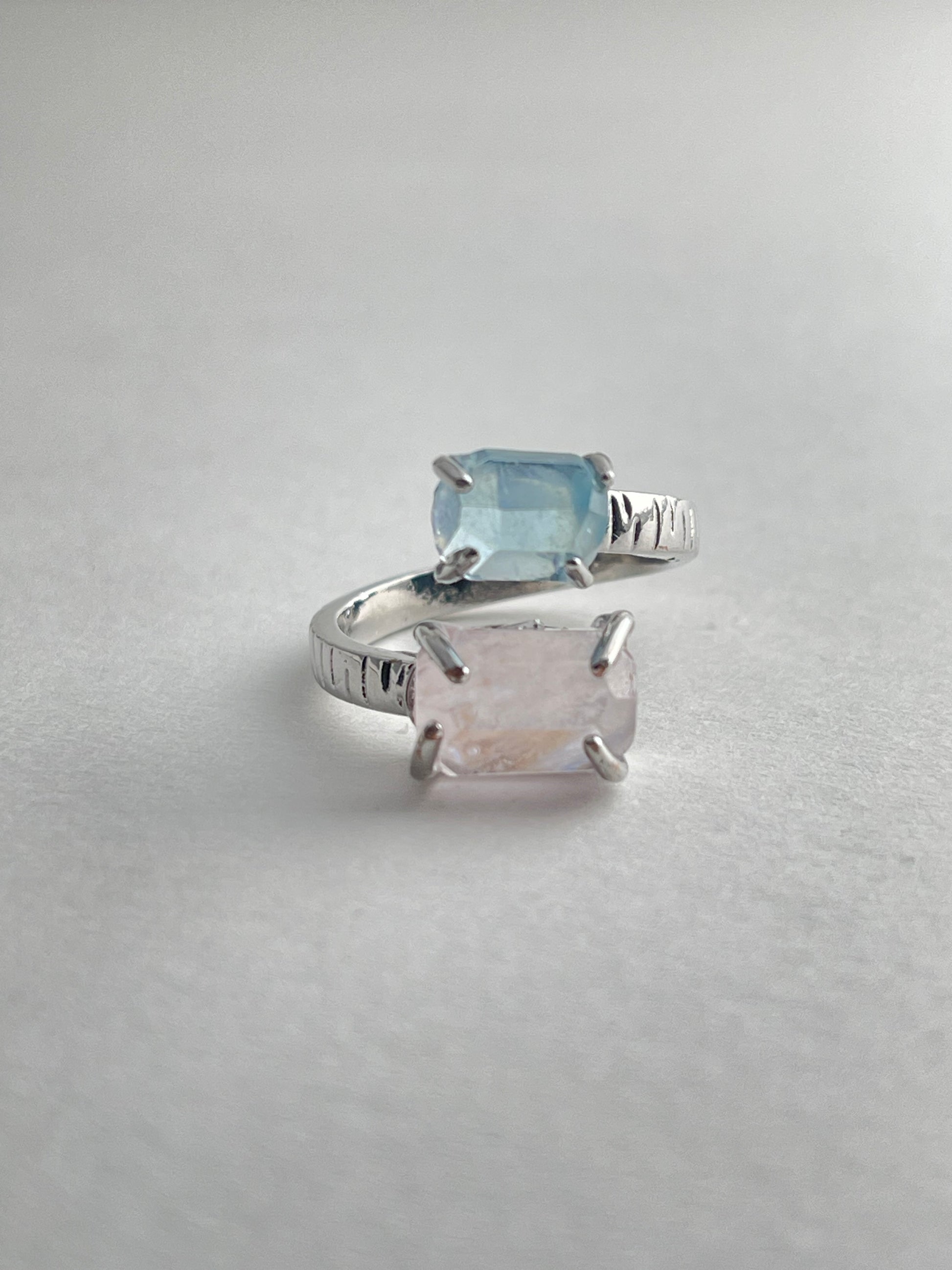 Aquamarine and Morganite twin stone ring front view in silver tone finish