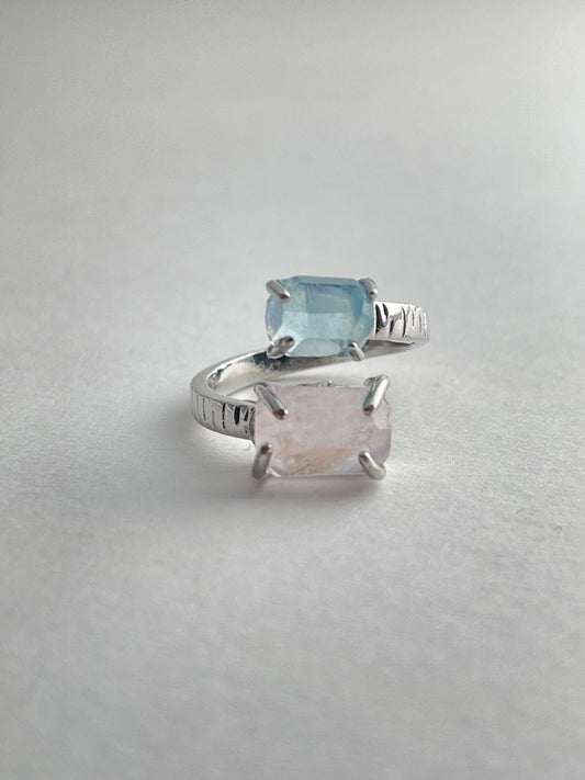 Aquamarine and Morganite twin stone ring front view in silver tone finish