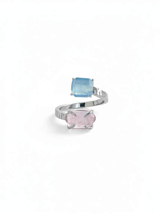 Aquamarine and Morganite Twin Stone ring front view
