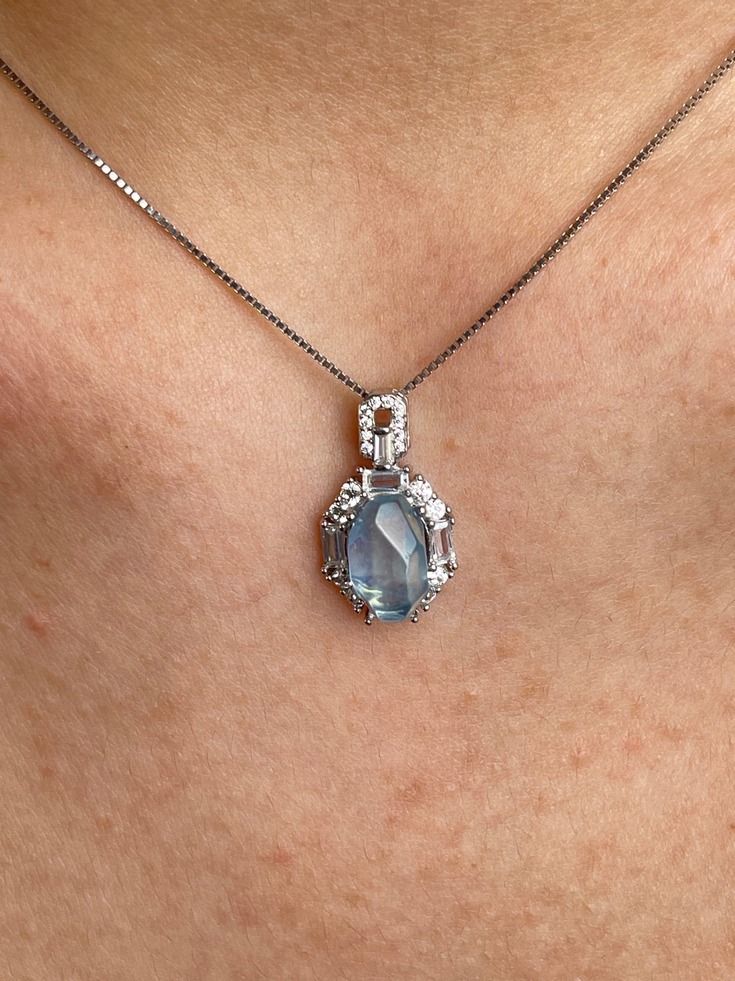 Close-up of aquamarine necklace worn with Brazilian Aquamarine pendant