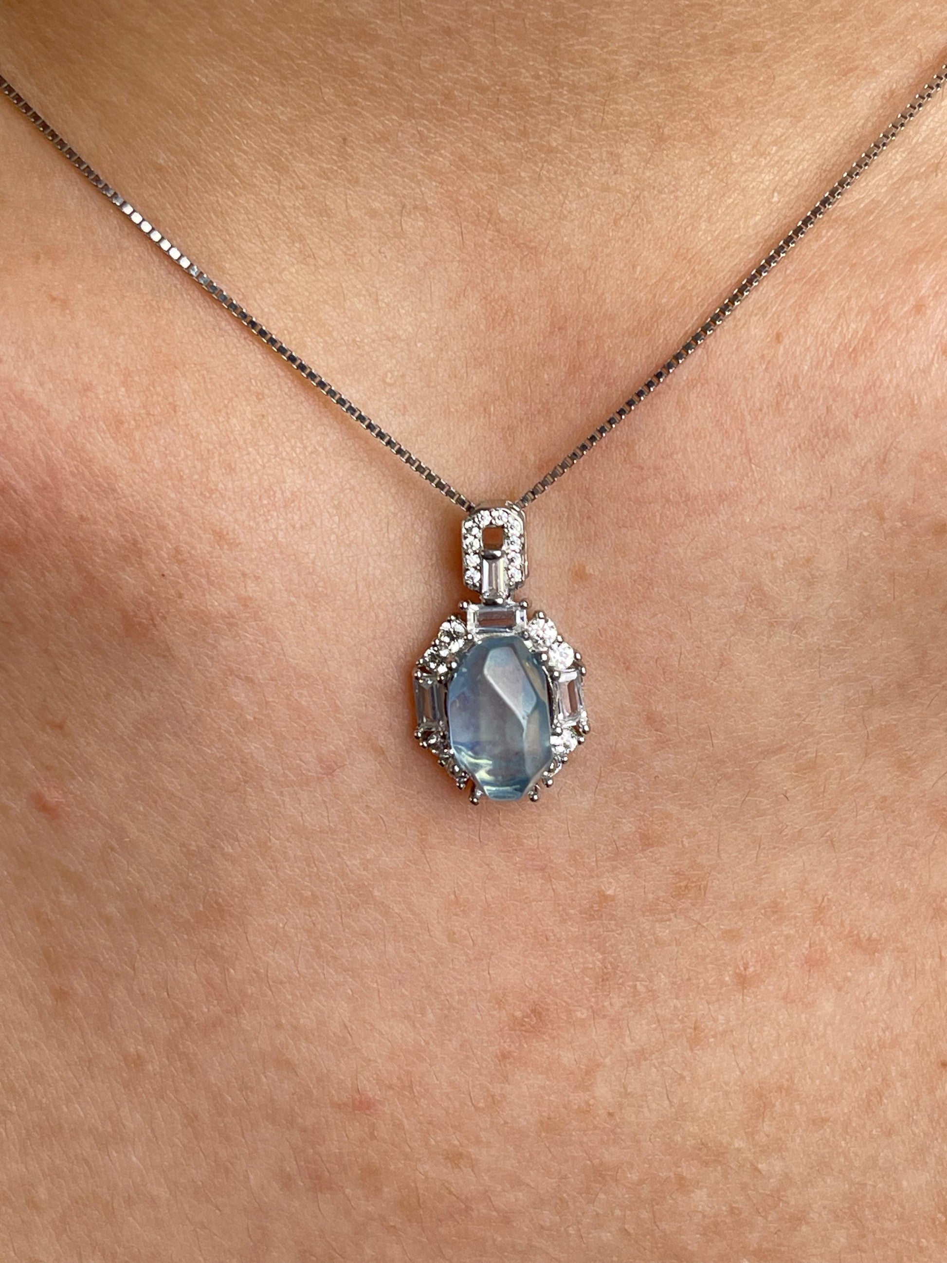 Close-up of aquamarine necklace worn with Brazilian Aquamarine pendant