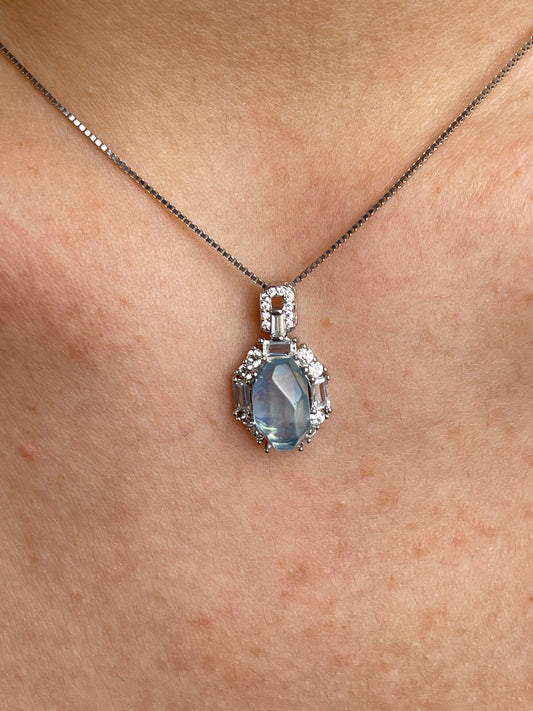 Close-up of aquamarine necklace worn with Brazilian Aquamarine pendant