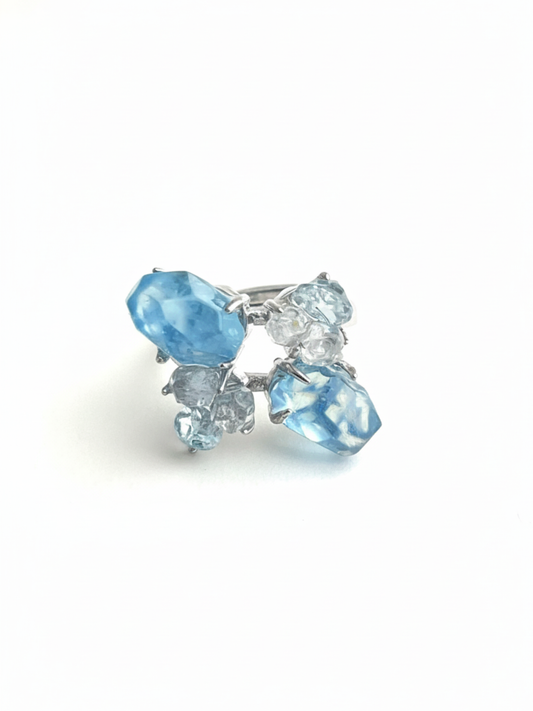 Aquamarine Ring with Blue Topaz and Hakima Diamond Quartz front view