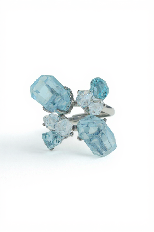 Aquamarine Ring with Blue Topaz and Hakima Diamond Quartz front view