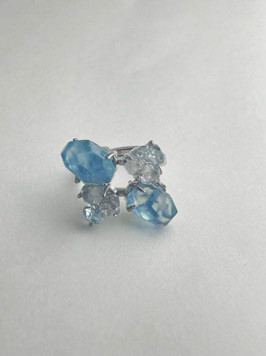 Aquamarine Ring with Blue Topaz and Hakima Diamond Quartz front view