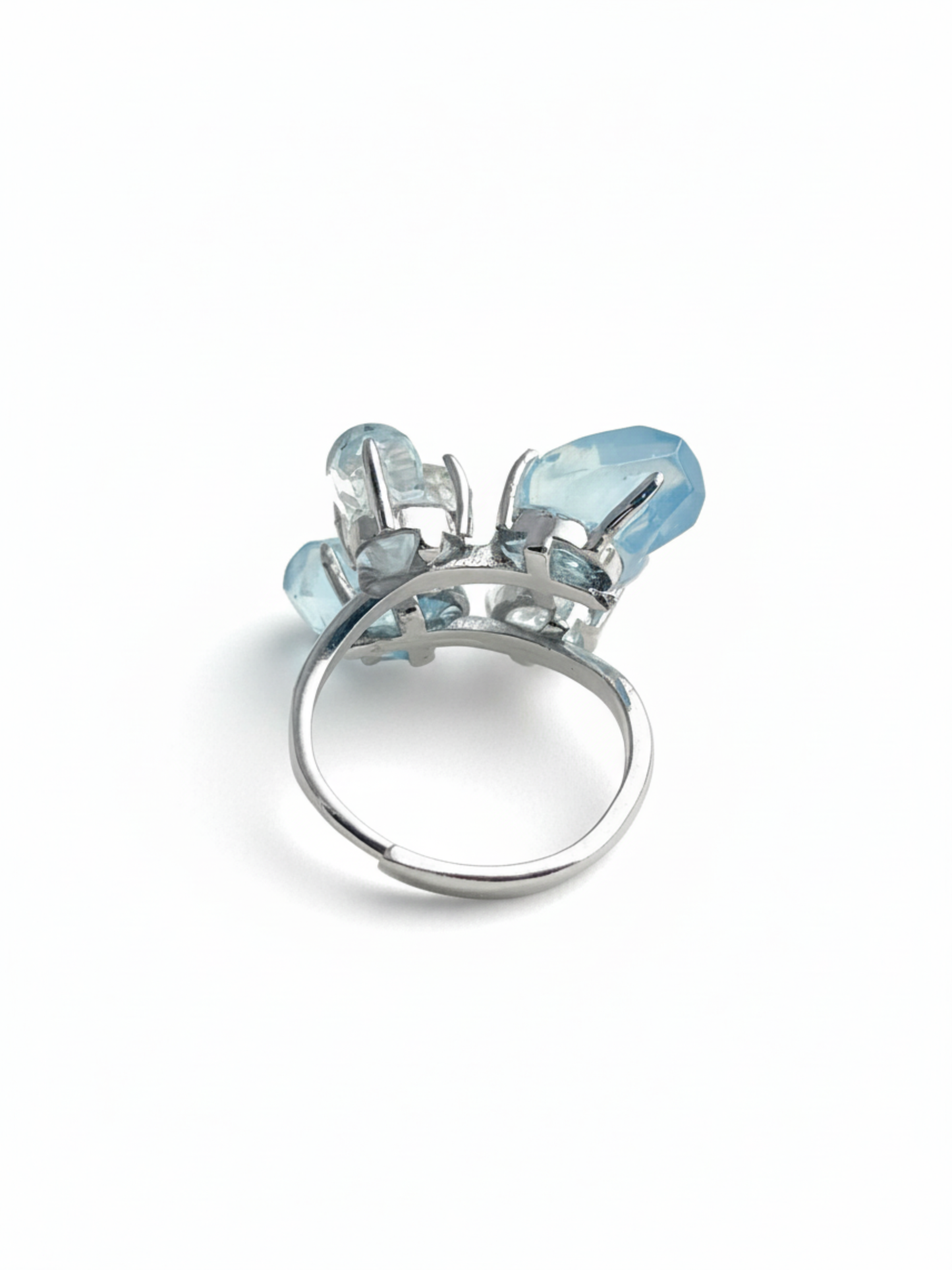 Back view of aquamarine ring adjustable band with blue topaz and Hakima Diamond quartz