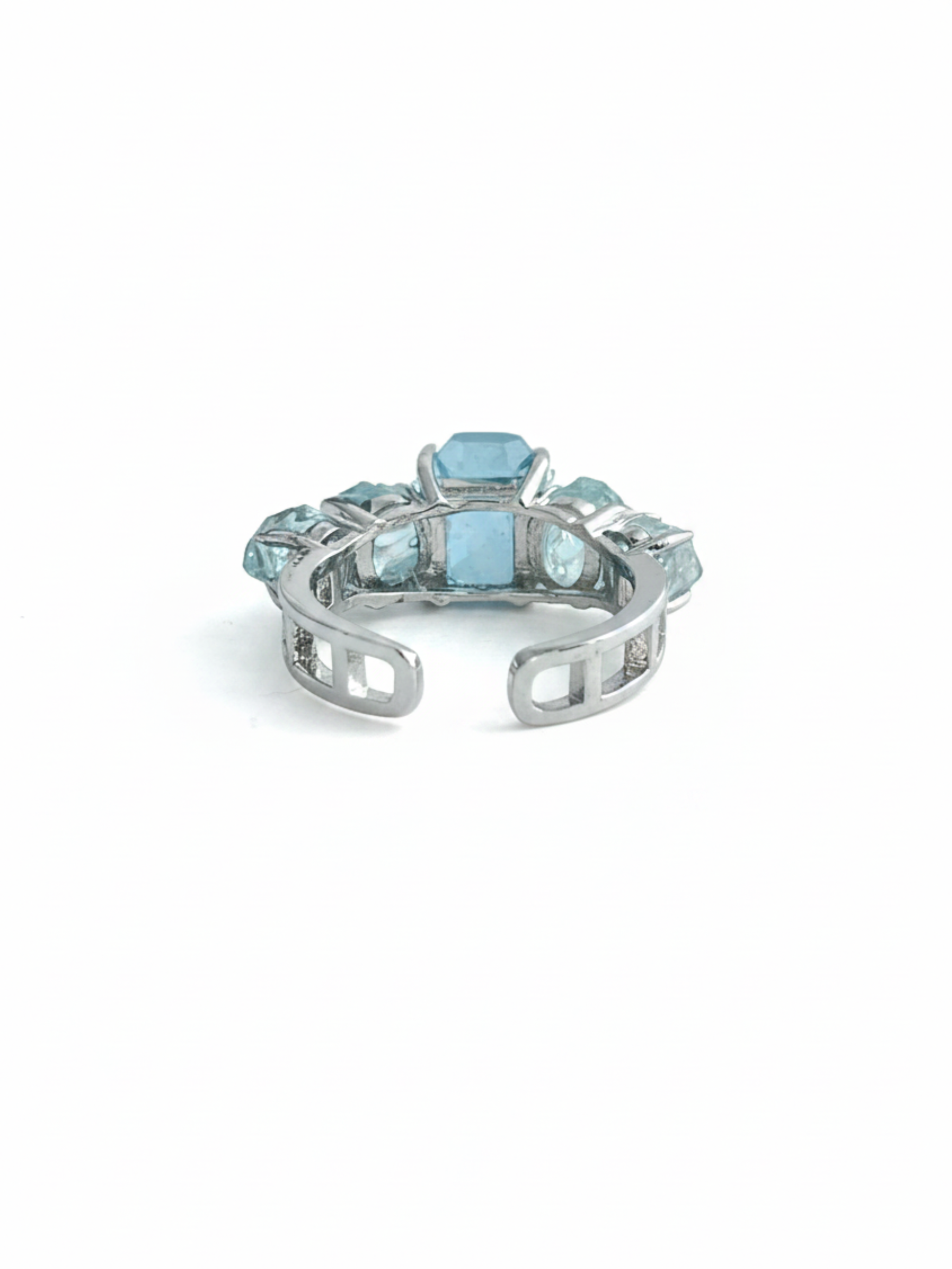 Back view of aquamarine row ring adjustable band natural crystal jewelry