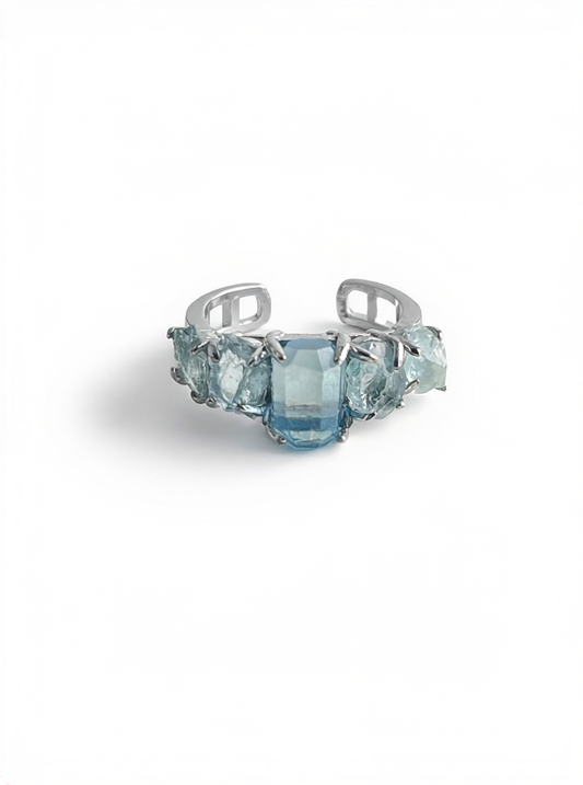 Aquamarine row ring with hand cut aquamarine and raw aquamarine from Brazil natural crystal jewelry front view