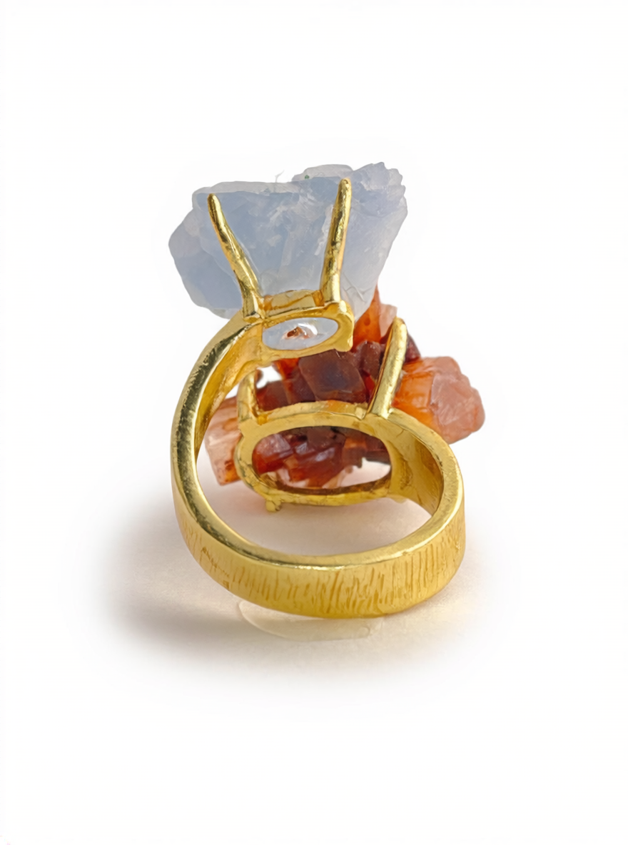 Aragonite Cluster and Blue Calcite Mineral Specimen Ring, back view