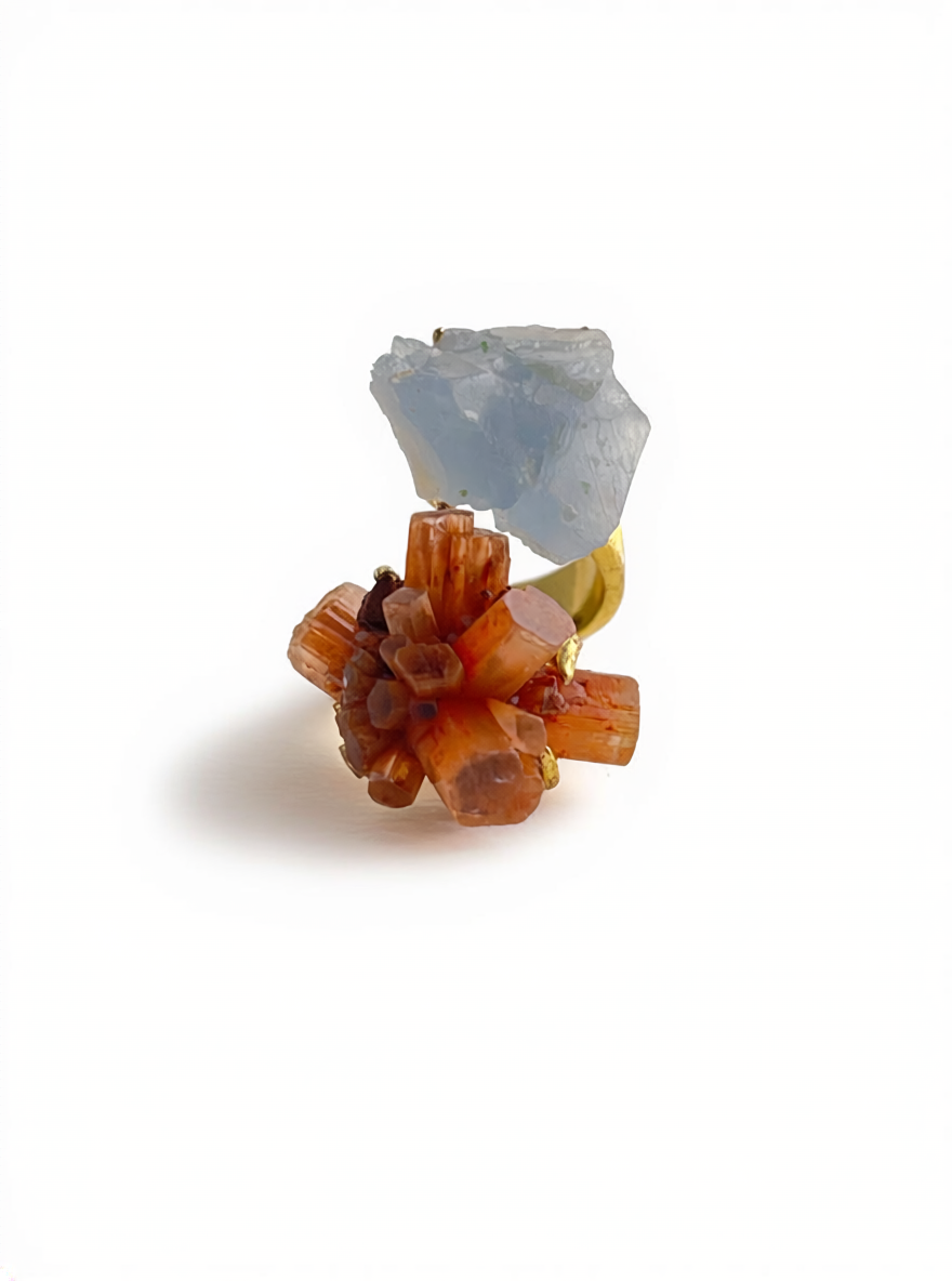 Aragonite Cluster and Blue Calcite Mineral Specimen Ring, front view