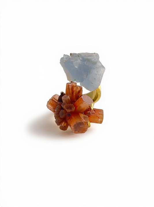 Aragonite Cluster and Blue Calcite Mineral Specimen Ring, front view