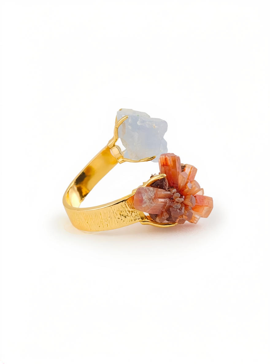 Aragonite Cluster and Blue Calcite Mineral Specimen Ring, side view