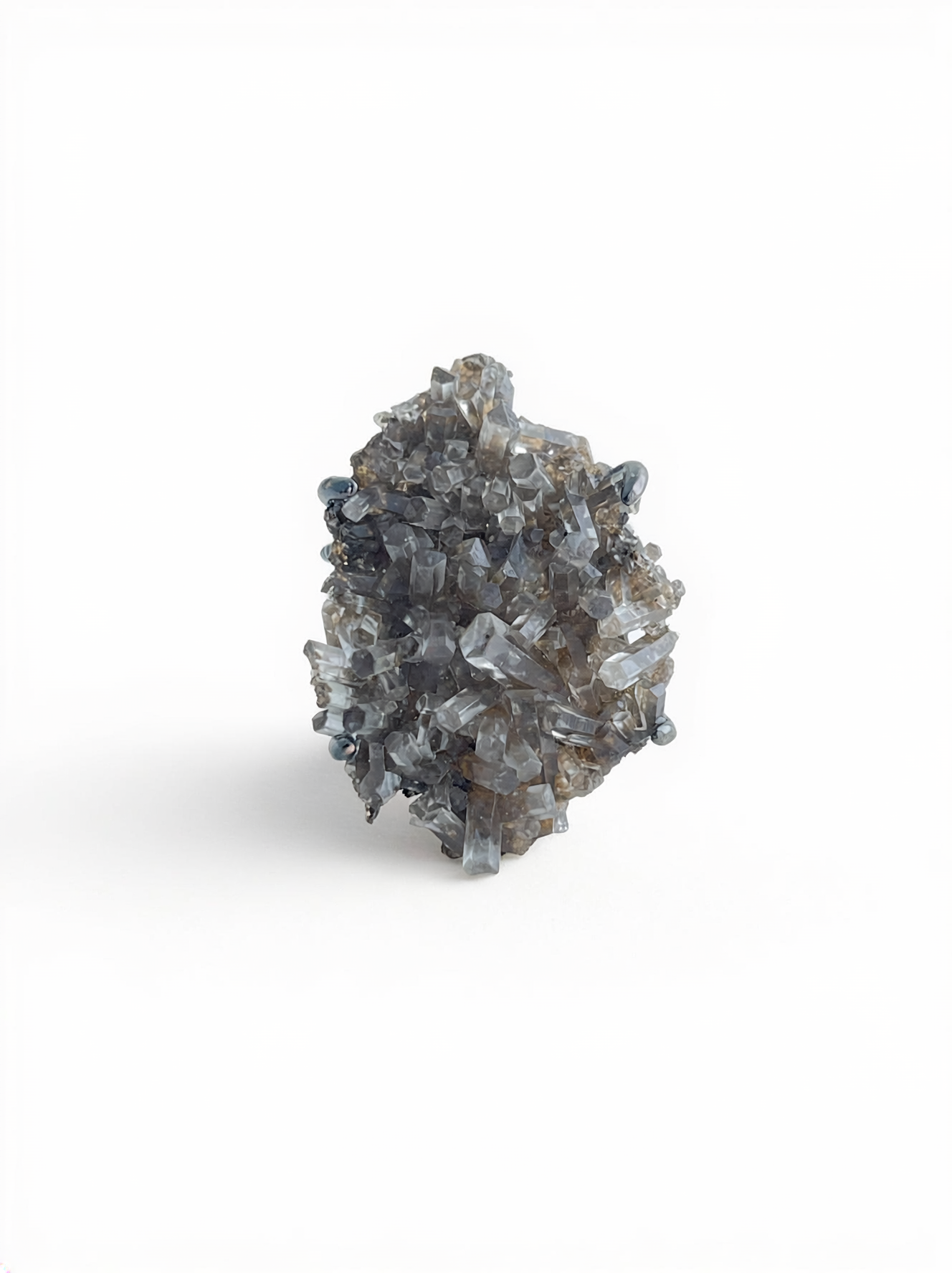 Aurora Calcite cluster mineral specimen ring from China, front view.