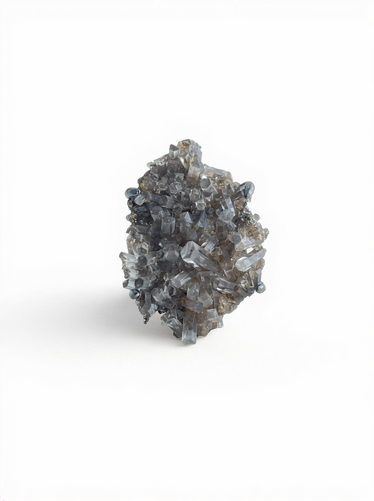 Aurora Calcite cluster mineral specimen ring from China, front view.