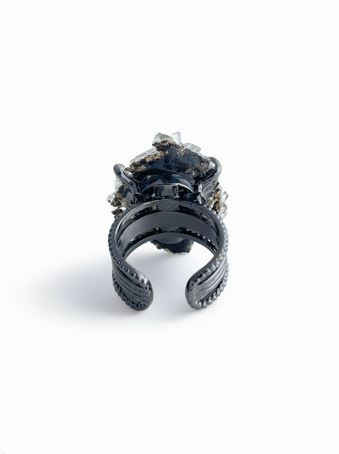 Back view of Aurora Calcite cluster mineral specimen ring.