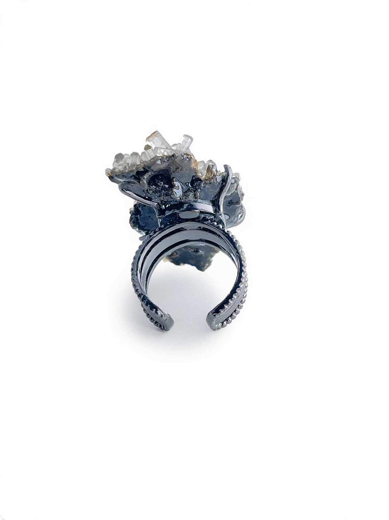 Back view of Aurora Calcite cluster mineral specimen ring.