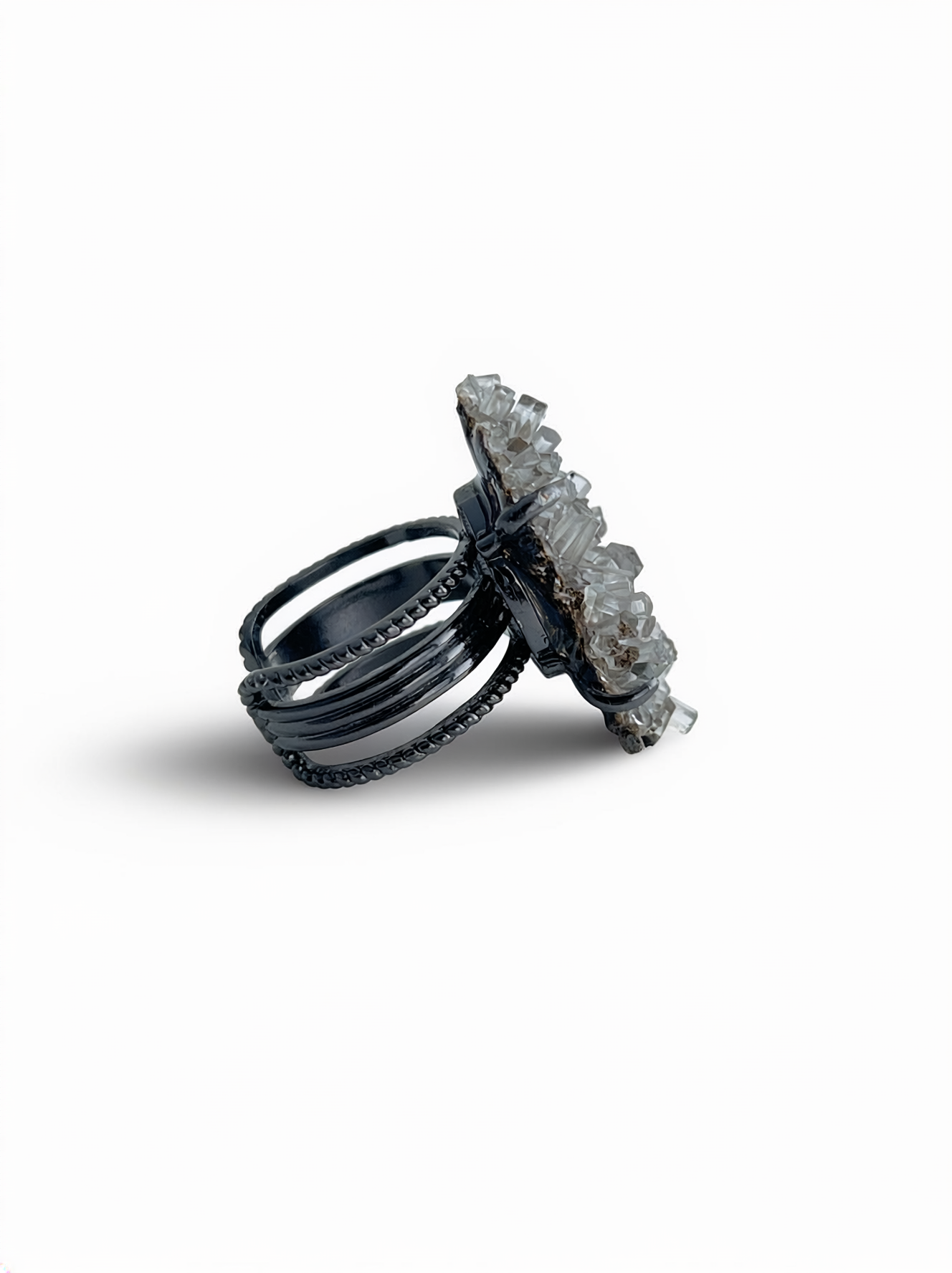 Side view of Aurora Calcite cluster mineral specimen ring.