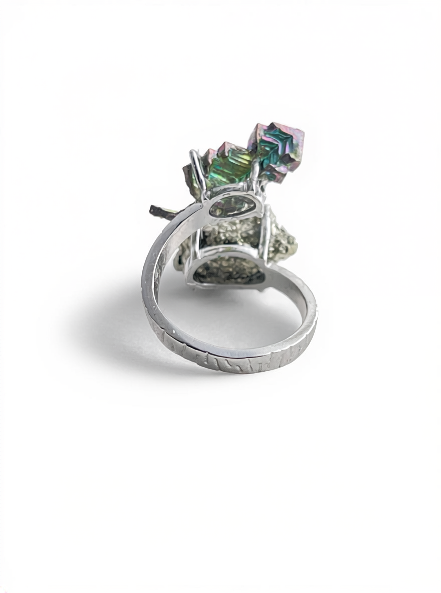 Bismuth Crystal and Chalcopyrite Mineral Specimen Ring, back view