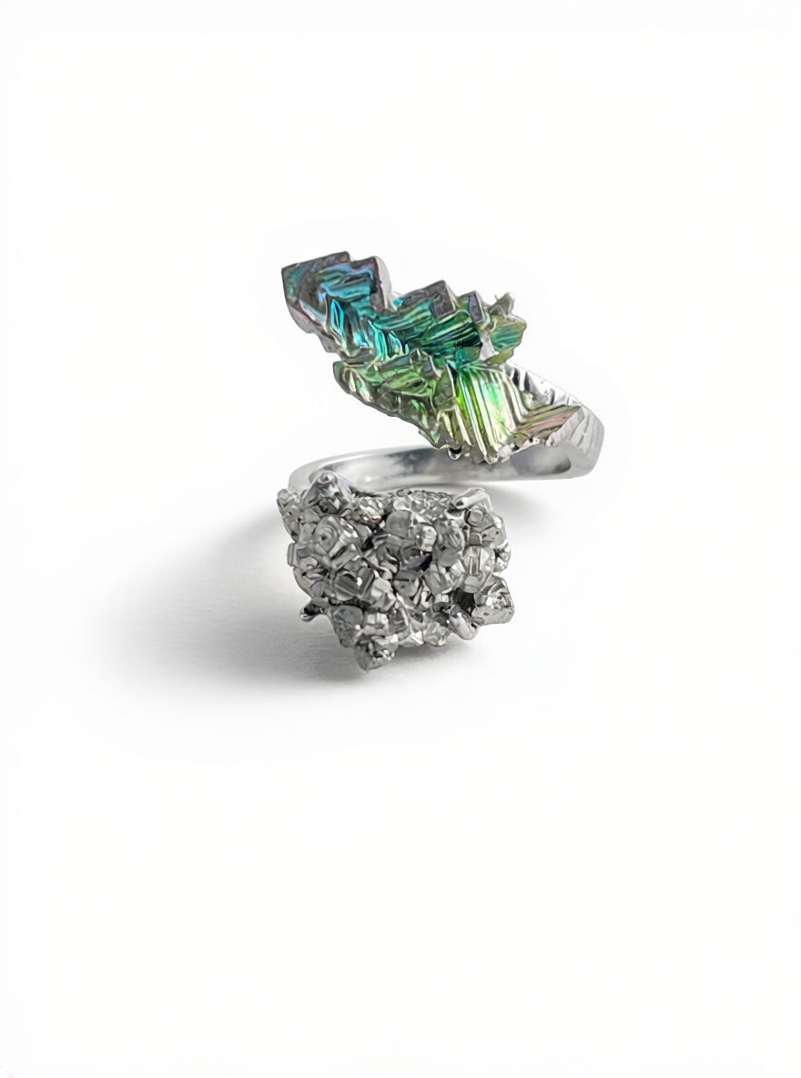 Bismuth Crystal and Chalcopyrite Mineral Specimen Ring, front view