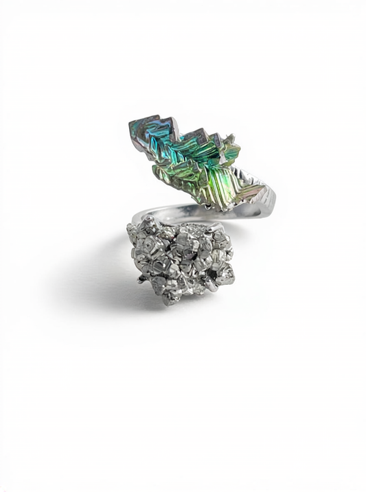 Bismuth Crystal and Chalcopyrite Mineral Specimen Ring, front view