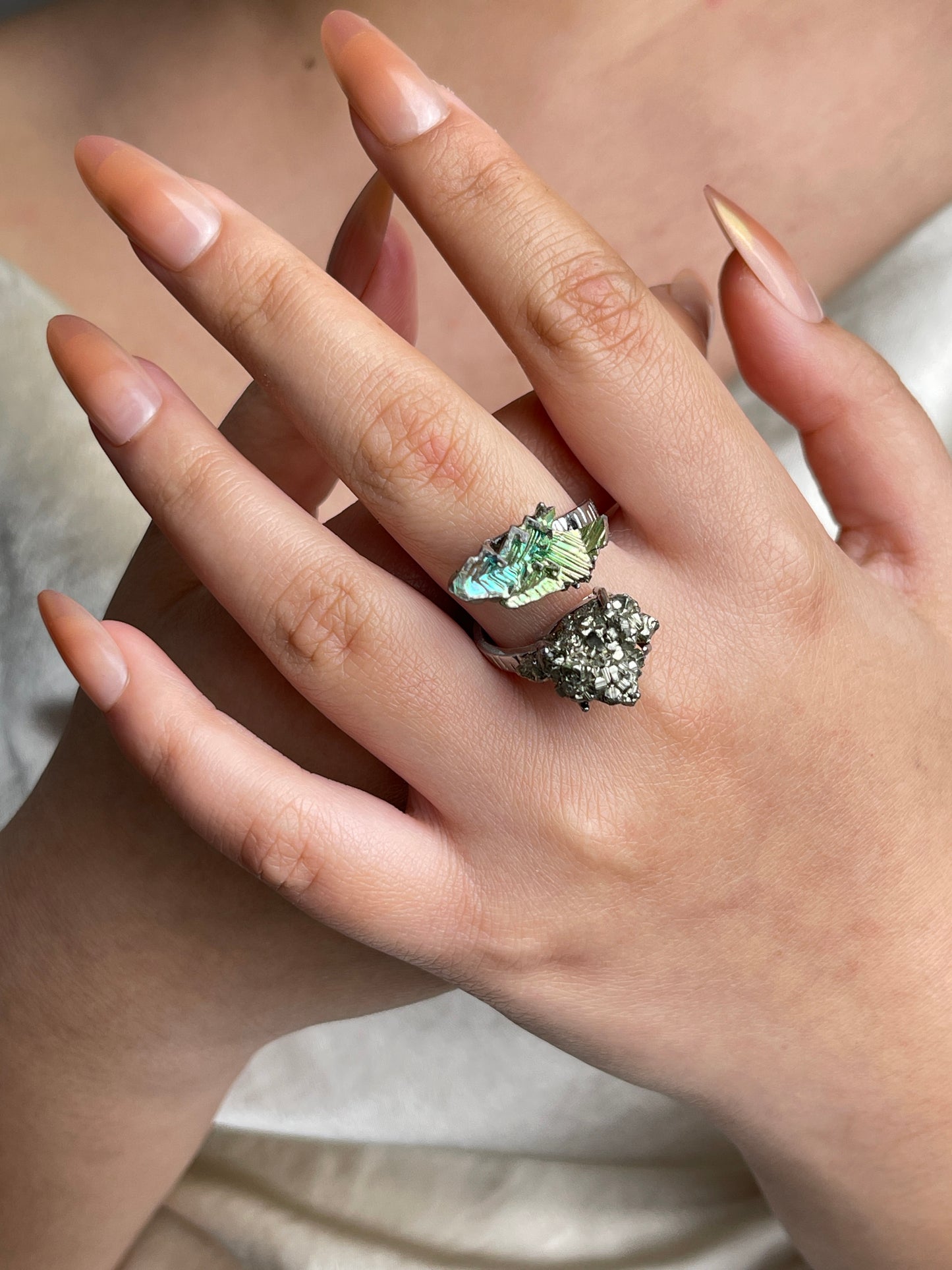 Bismuth Crystal and Chalcopyrite Mineral Specimen Ring worn on hand